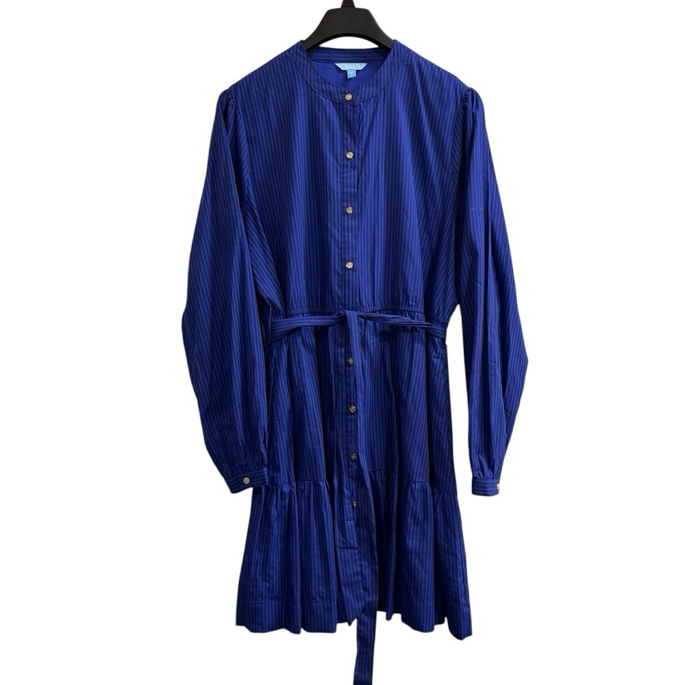 Draper James Shirt Dress Womens XXL Blue Striped Tiered Midi Tie Waist Preppy